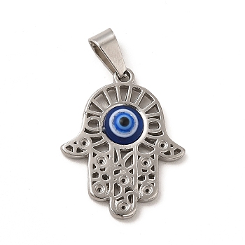 304 Stainless Steel Pendants, Hamsa Hand/Hand of Miriam Charms with Resin Blue Evil Eye, Religion, Stainless Steel Color, 25x20x4.5mm, Hole: 6x3.5mm
