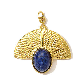 304 Stainless Steel with Natural Lapis Lazuli Pendants, Fan Charms, Real 18K Gold Plated, Ion Plating(IP), 22x20mm