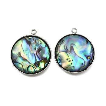 304 Stainless Steel Pave Natural Paua Shell Pendants, Stainless Steel Color, Flat Round, 23x20x4mm, Hole: 1.5mm