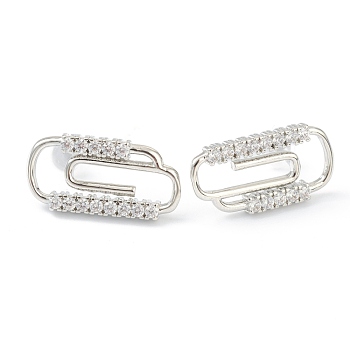 Brass Micro Pave Clear Cubic Zirconia Stud Earrings, with Ear Nuts, Safety Pin Shape, Platinum, 18x9.5mm, Pin: 0.6mm