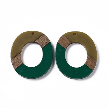 Opaque Resin & Walnut Wood Pendants, Donut Charms, Dark Green, 38x32.5x3.5mm, Hole: 2mm