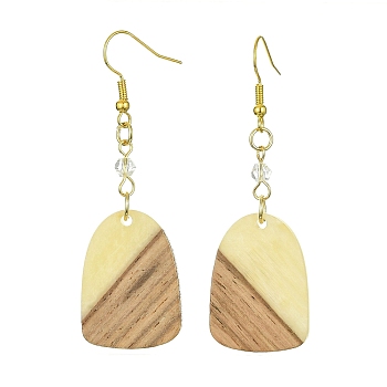Resin & Walnut Wood Arch Dangle Earrings, Golden Iron Long Drop Earrings, Light Yellow, 63x20mm