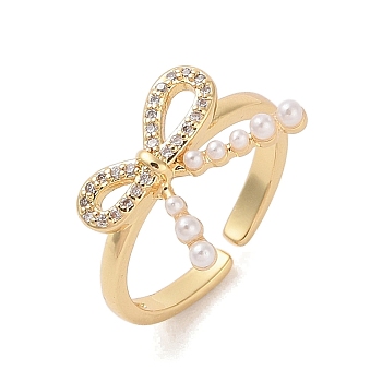 Bowknot Brass Micro Pave Clear Cubic Zirconia Open Cuff Rings for Women, with Resin Imitation Pearls, Golden, Bowknot: 11.8x16.5mm