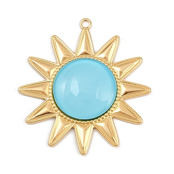 304 Stainless Steel Pendants, Sun, with Glass Bead, PVD Vacuum Plating, Real 18K Gold Plated, Blue, 56x52x7mm, Hole: 2.5mm