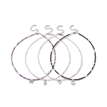 4Pcs 4 Style Moon & Bowknot & Heart & Tortoise Clear Cubic Zirconia Pendant Necklaces Set, Natural Mixed Gemstone Stackable Necklaces for Women, 15.94~16.02x0.12 inch(40.5~40.7x0.3cm), 1Pc/style