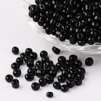 6/0 Opaque Colours Round Glass Seed Beads, Black, Size: about 4mm in diameter, hole:1.5mm, about 495pcs/50g