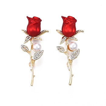 Rose Flower Enamel Pin with Plastic Pearl, 3D Alloy Brooch with Crystal Rhinestone for Backpack Clothes, Nickel Free & Lead Free, Light Golden, Red, 63x25mm