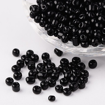 6/0 Opaque Colours Round Glass Seed Beads, Black, Size: about 4mm in diameter, hole:1.5mm, about 495pcs/50g(X-SEED-A010-4mm-49)