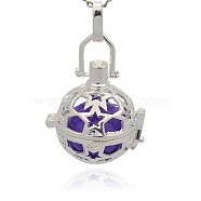 Silver Color Plated Brass Hollow Round Cage Pendants, with No Hole Spray Painted Brass Round Ball Beads, Medium Purple, 36x25x21mm, Hole: 3x8mm(KK-J226-04S)
