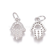 Brass Micro Pave Clear Cubic Zirconia Charms, with Jump Rings, Hamsa Hand/Hand of Fatima /Hand of Miriam, Platinum, 13x9x2mm, Jump Ring: 5x0.7mm, Inner Diameter: 3.6mm(ZIRC-I036-08P)