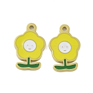 304 Stainless Steel Charms, with Enamel, Flower with Smiling Face Charm, Real 14K Gold Plated, Yellow, 13x8x1mm, Hole: 1mm(STAS-L022-435G-02)