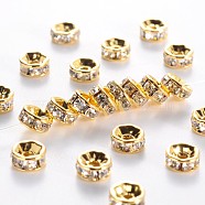 Brass Grade A Rhinestone Spacer Beads, Golden Plated, Rondelle, Nickel Free, Crystal, 6x3mm, Hole: 1mm(RSB036NF-01G)