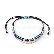 Adjustable Nylon Thread Braided Bead Bracelets, Multi-strand Bracelets, with Golden Plated Brass Round Beads and Cable Chains, Prussian Blue, Inner Diameter: 1~3-1/2 inch(2.6~9cm)(BJEW-JB05822-01)