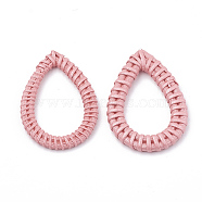 Handmade Spray Painted Reed Cane/Rattan Woven Linking Rings, For Making Straw Earrings and Necklaces,  Dyed, Pearlized Effect, teardrop, Flamingo, 47~52x27~35x4~5mm, inner measure: 34~40x17~24mm(WOVE-N007-05D)