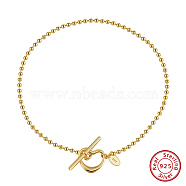 925 Sterling Silver Anklet, Ball Chains, Heart , Real 14K Gold Plated, 9-1/8 inch(23cm)(AJEW-Z029-06G)