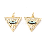 Brass Micro Pave Cubic Zirconia Pendants, with Jump Rings and Enamel, Cadmium Free & Lead Free, Real 18K Gold Plated, Long-Lasting Plated, Triangle with Eye, Pale Turquoise, 17x17x2mm, Hole: 3mm(ZIRC-P098-05G-02)