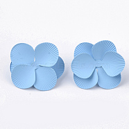 Spray Painted Iron Stud Earring Settings, with Earring Backs/Ear Nuts, Flower, Deep Sky Blue, 30x29~30x11mm, Pin: 1mm(IFIN-N004-01B)