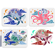 US 1 Set Sea Animals PET Hollow Out Drawing Painting Stencils, for DIY Scrapbook, Photo Album, with 1Pc Art Paint Brushes, Mixed Shapes, 210x297mm, 3pcs/set(DIY-MA0004-85)