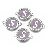 Alloy Enamel Links Connectors, with Crystal Rhinestones, Flat Round with Letter, Silver Color Plated, Letter.S, 22x16x2mm, Hole: 1.8mm(ENAM-TAC0003-01S-01S)