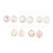 Epoxy Resin Pendants, with Shell Inside and Brass Findings, Flat Round, Light Gold, Mixed Color, 18.5x16x2~3mm, Hole: 1.5mm(RESI-S360-04-M)