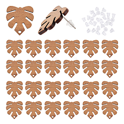 12 Pairs Walnut Wood Stud Earring Findings, with Hole and 304 Stainless Steel Pins, Monstera Leaf, with 24Pcs Plastic Ear Nuts, Coconut Brown, 20x18mm, Hole: 1.8mm, Pin: 0.7mm(FIND-AR0002-75)