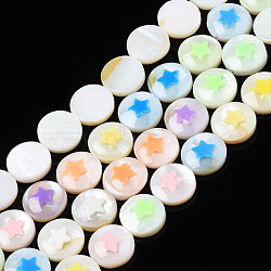 Natural Freshwater Shell Enamel Beads, Flat Round with Star, Mixed Color, 9x3mm, Hole: 0.8mm, about 40pcs/strand, 14.17 inch(36cm)(SHEL-N026-193)