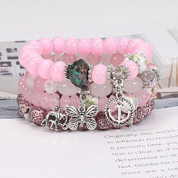 4Pcs Bohemian Style Alloy & Glass & Acrylic Charm Bracelets Set, Butterfly & Anchor & Elephant, Antique Silver, Pearl Pink, 7-1/8 inch(18cm)(WG8E884-08)