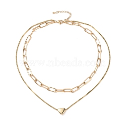 Vacuum Plating 304 Stainless Steel Double Chains Multi Layered Necklace with Heart Beaded for Women, Golden, 16.34 inch(41.5cm)(STAS-E155-25G)