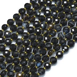 Natural Black Banded Agate(Dyed & Heated) Beads Strands, with Seed Beads, Faceted, Flat Round, 6~6.5x4mm, Hole: 1mm, about 50pcs/strand, 15.35''(39cm)(G-K389-B20-01)