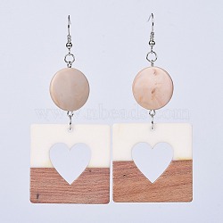 Resin & Wood Dangle Earrings, with Platinum Tone Brass Earring Hooks and Acrylic Beads, Square and Flat Round, BurlyWood, 90mm, Pendant: 38x38x4mm, Pin: 0.7mm(EJEW-JE03025-01)