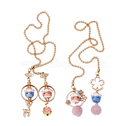 2Pcs 2 Style Lucky Cat Car Charm Porcelain Figurine Hanging Pendant Decorations, with Alloy Enamel Finding and Fur Ball, for Car Rearview Mirror Decoration, Golden, 600~615mm, 1pc/style(HJEW-DC0001-05)