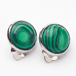 Synthetic Malachite Brass Clip-on Earrings, Flat Round, Teal, 14x10mm(EJEW-A051-B005)