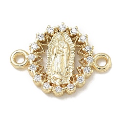 Rack Plating Brass Micro Pave Clear Cubic Zirconia Religion Virgin Mary Connector Charms, Long-Lasting Plated, Lead Free & Cadmium Free, Real 18K Gold Plated, 12x16x2.8mm, Hole: 1.6mm(KK-L224-094G-06)