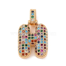 Brass Micro Pave Cubic Zirconia Pendants, Real 18K Gold Plated, Colorful, Letter H, 18.5~24x12.5~25.5x5~5.5mm, Hole: 5x3mm(KK-C076-29H-G02)