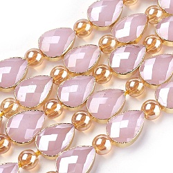 Opaque Glass Beads Strands, with Golden Tone Brass Findings, Pearl Luster Plated, Faceted, teardrop, Plum, 14x10x7mm, Hole: 1.2mm, about 10pcs/strand, 7.59 inch (19.3cm)(EGLA-P045-B05)