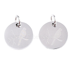 Non-Tarnish 201 Stainless Steel Charms, with Jump Rings, Flat Round with Bird, Stainless Steel Color, 12x1mm, Hole: 3mm(STAS-T049-T674-1)