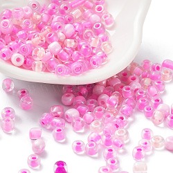 6/0 Glass Seed Beads, Round Hole, Round, Inside Colours & Transparent Colours Rainbow, Pink, 4x3mm, Hole: 1.2mm, about 3174Pcs/bag.(SEED-XCP0001-18)