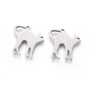 201 Stainless Steel Kitten Pendants, Hand Polished, Cat with Arched Back Shape, Stainless Steel Color, 16x16x1.5mm, Hole: 1.2mm