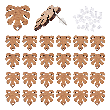 12 Pairs Walnut Wood Stud Earring Findings, with Hole and 304 Stainless Steel Pins, Monstera Leaf, with 24Pcs Plastic Ear Nuts, Coconut Brown, 20x18mm, Hole: 1.8mm, Pin: 0.7mm