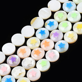 Natural Freshwater Shell Enamel Beads, Flat Round with Star, Mixed Color, 9x3mm, Hole: 0.8mm, about 40pcs/strand, 14.17 inch(36cm)
