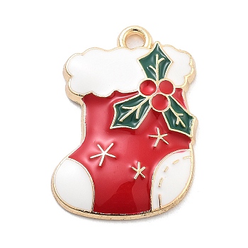 Christmas Theme Alloy Enamel Pendants, Light Gold, Christmas Socking, 25x18x3mm, Hole: 1.8mm