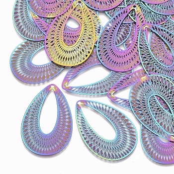 Ion Plating(IP) 304 Stainless Steel Filigree Pendants, Etched Metal Embellishments, Teardrop, Rainbow Color, 40.5x27x0.3mm, Hole: 1.2mm