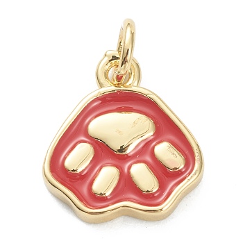 Brass Enamel Pendants, Long-Lasting Plated, Real 18K Gold Plated, Dog Paw Prints, Red, 13.5x12x2mm, Hole: 3mm