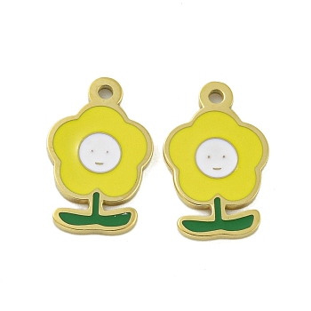 304 Stainless Steel Charms, with Enamel, Flower with Smiling Face Charm, Real 14K Gold Plated, Yellow, 13x8x1mm, Hole: 1mm