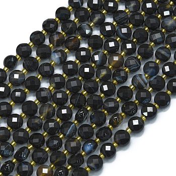 Natural Black Banded Agate(Dyed & Heated) Beads Strands, with Seed Beads, Faceted, Flat Round, 6~6.5x4mm, Hole: 1mm, about 50pcs/strand, 15.35''(39cm)