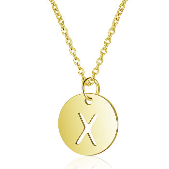 201 Stainless Steel Initial Pendants Necklaces, with Cable Chains, Flat Round with Letter, Golden, Letter.X, 16.3 inch(40cm), 1mm
