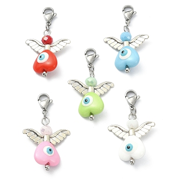 Angel Evil Eye Resin Pendant Decorations, with Electroplate Glass Beads and 304 Stainless Steel Lobster Claw Clasps, Mixed Color, 41mm, 5pcs/set