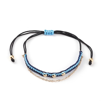Adjustable Nylon Thread Braided Bead Bracelets, Multi-strand Bracelets, with Golden Plated Brass Round Beads and Cable Chains, Prussian Blue, Inner Diameter: 1~3-1/2 inch(2.6~9cm)