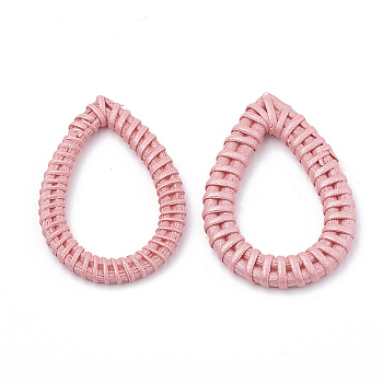 Handmade Spray Painted Reed Cane/Rattan Woven Linking Rings, For Making Straw Earrings and Necklaces,  Dyed, Pearlized Effect, teardrop, Flamingo, 47~52x27~35x4~5mm, inner measure: 34~40x17~24mm