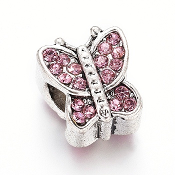 Antique Silver Plated Alloy European Beads, with Rhinestone, Large Hole Beads, Butterfly, Light Rose, 11x10.5x9mm, Hole: 5mm